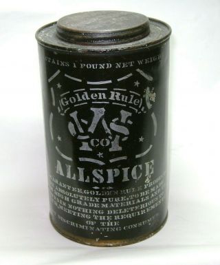 Antique 1 Pound Golden Rule W.  C.  S.  Co Allspice Black Primitive Tin Spice Can 2