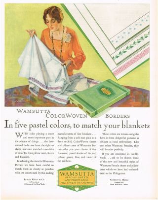 1920s Big Vintage Wamsutta Mills Percale Sheets August Bleser Art Print Ad