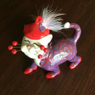 Whimsiclay Red Hat Cat Figurine Purple " Virginia " 86127 By Amy Lacombe 2004