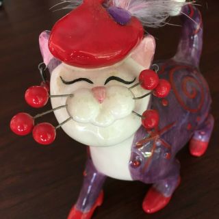 Whimsiclay Red Hat Cat Figurine Purple 