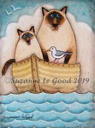 Siamese Cat Art Aceo Ocean Painting Handpainted Mounted Suzanne Le Good