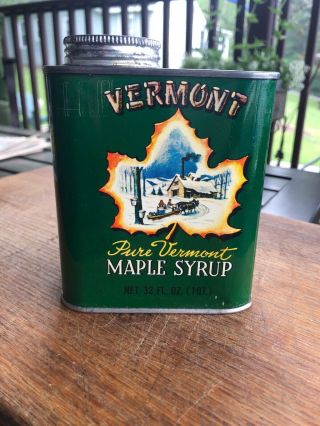 Vintage Pure Vermont Maple Syrup Quart Tin Winter Harvest Graphic Maple Leaf