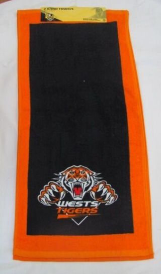 Set Of 2 Wests Tigers Nrl Team Logo Velour Hand Towels 33cm X 72cm