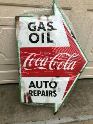 Large Metal Coca Cola Vintage Look Sign Gas Oil Auto Repair Arrow Embossed 15x23