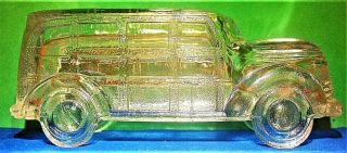 Vintage Woodie Station Wagon Glass Candy Container " Packed By The Trojan Horse "