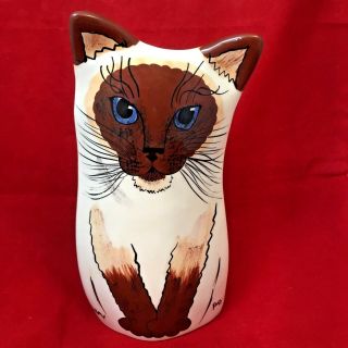 Siamese Blue Eyed Cat Vase Porcelain Kitty Cream/brown Nina Lyman Signed 8 Inch