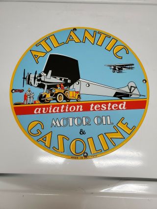 Atlantic Motor Oil & Gasoline Aviation Porcelain Pump Plate Sign