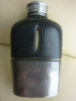 Vintage Glass And Pewter Leather Bound Hip Flask With Cup Base