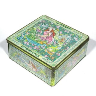 Vintage French Cookie Tin Box,  Alfons Mucha,  Spring,  Woman,  “LU” (Lefèvre - Utile) 2
