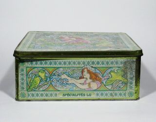 Vintage French Cookie Tin Box,  Alfons Mucha,  Spring,  Woman,  “LU” (Lefèvre - Utile) 4