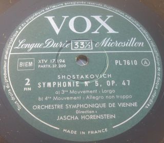 SHOSTAKOVICH SYMPHONIE No 5 HORENSTEIN PATHE VOX PL 7610 LP 50 ' s 2