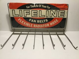 Vintage Sign Lifeline Fan Belts Radiator Hose Sign Display Rack Gas Oil Auto