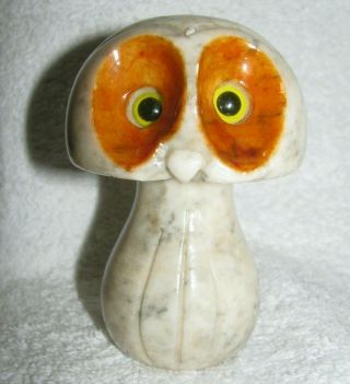 Vintage Hand Carved Alabaster Mushroom Owl Paperweight Made In Italy,  4 " Tall