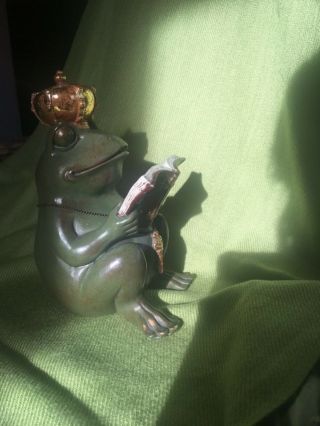 Frog Prince,  Crown,  Key & Chain,  Reading Book,  Green,  Resin,  Large Figurine 6.  3” 3