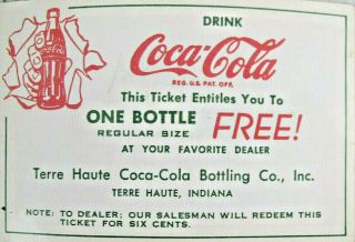Coca Cola Ticket One Bottle Vtg Rare Terre Haute Indiana Bottling Co 6 Cent