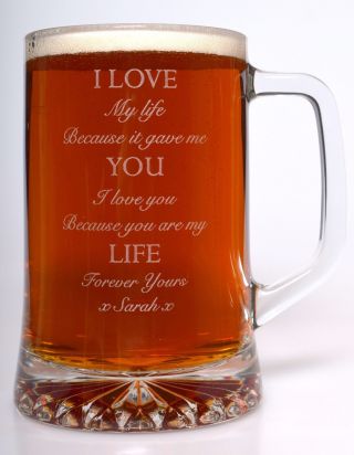 Engraved/personalised I Love You Pint Glass Tankard Valentines/boyfriend/husband