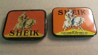 2 Sheik Condom Tins,  Vintage Colorful Desert Graphics,  Full Advertising Tins