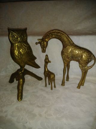Vintage Brass Owl On Branch 9 ",  Mother 8.  5 " & Baby 5 " Giraffe