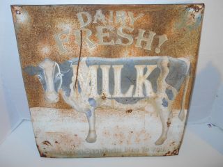 Vintage Collectible 14 X 14 Inch Metal Dairy Fresh Milk Advertising Sign