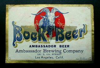 Irtp Bock Beer Bottle Label,  Ambassador Brewing Co.  Los Angeles,  Calif.