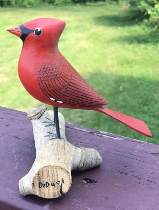 Vintage Cardinal Wood Bird Statue Hand - Carved Folk Art Signed Deduck Decoy