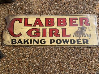 Vintage 1950s Clabber Girl Baking Powder Double Sided Metal Sign 33 1/2” X 11 ¾”