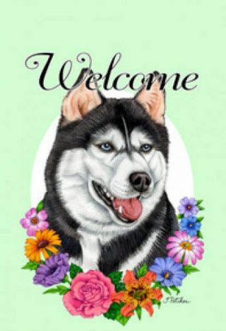 Welcome Flowers Garden Flag - Siberian Husky 630381