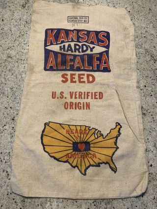 Vintage Kansas Hardy Alfalfa Seed Heart Of America Cloth Seed Bag Sack Grain