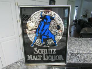 Vintage Schlitz Malt Liquor Mirror Sign Bull Black Blue 1984 W/wood Frame