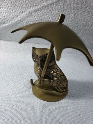 Vintage Cute Solid Brass - Owl - Holding An Umbrella Figurine With Owltittude