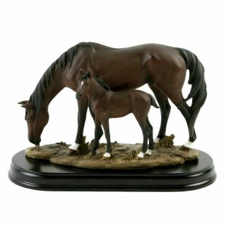 Horse And Foal On Wood Base 18cm Ornament Figurine Home Decor Gift Collectable