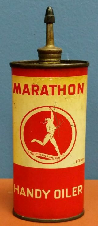 Early Vintage Marathon Oil 4 Oz.  Lead Top Handy Oiler Gas & Oil Advertising