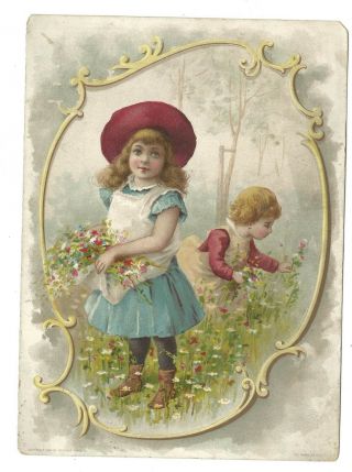 1894 Trade Card Lion Coffee Woolson Spice Toledo Oh Girls Picking Flowers