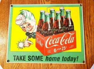 Vintage 1990 Coca Cola Company 6 For 25c Take Some Home Today Porcelain Sign.