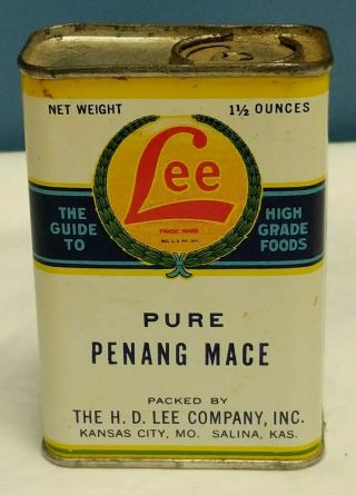 Vtg Spice Tin Lee Pure Penang Mace - H.  D.  Lee Co.  Kansas City,  Mo Advertising