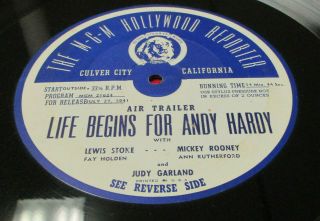 Life Begins For Andy Hardy16 " Radio Transcription (1941) Film Ee,  Judy Garland