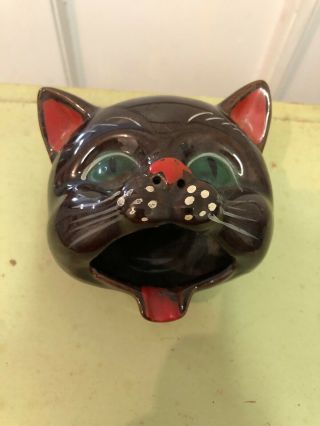 Vintage Shafford Japan Brown Cat Head Ashtray Redware Incense Burner Cat Mouth