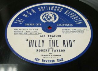 Billy The Kid 16 " Radio Transcription Disc (1941) Film E Western/robert Taylor
