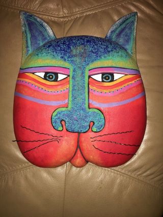 Colorful Laurel Burch Caribbean Cat Mask Wall Plaque Hand Signed 1999