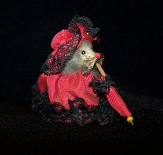 Vintage Fur Animals W Germany Mouse Red Dress Umbrella & Lace 4
