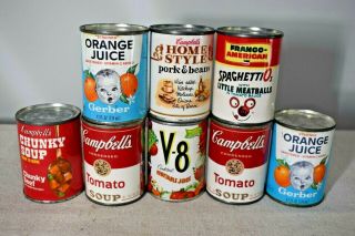 7 Vtg Metal Mini Can Play Food Grocery Kitchen Campbell 