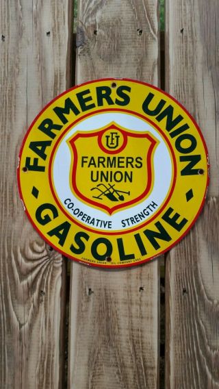 Vintage Gas Oil Advertising Signs Porcelain Farmers Union Gasoline.  Garage Barn