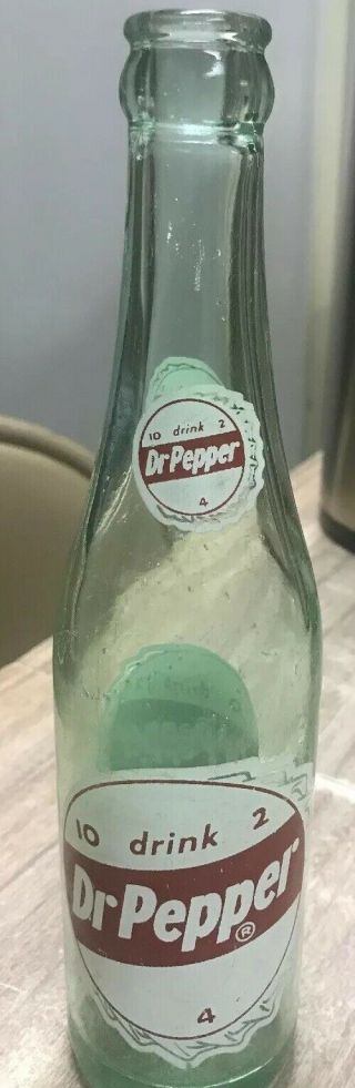 Very Rare 1950s Dr Pepper " Bottle Cap " Acl 10oz Bottle.  L@@k Blue Green Glass
