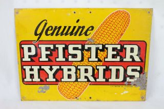 Pfister Hybrids Corn Metal Sign Vintage Red Yellow Feed J.  V.  Patten Co.