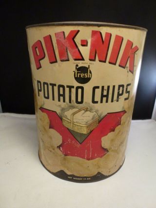 Vintage Pik Nik Potato Chip Tin 14oz Western Can Co Great Graphics