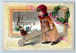 1890 Christmas Victorian Trade Card - Woolson / Lion Coffee - Child & Santa Doll