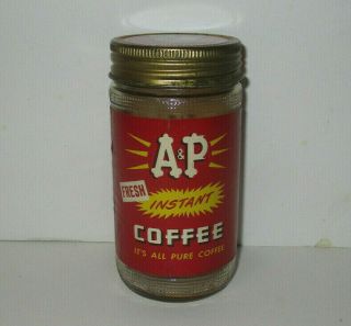 Vintage A&p Instant Coffee 4.  5 " Glass Jar With Metal Lid - Antique