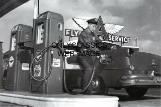 1954 Flying A Gas & Oil Service Station Photo Vintage Pumps Attendant In Uniform
