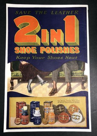 1919 Graphic 2 In 1 Shoe Polish Ad Sign Shows Tins & Bottles