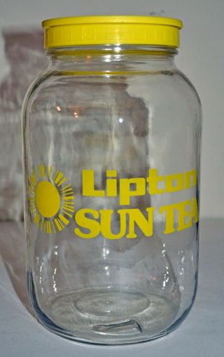 Vintage Lipton Sun Tea Glass Gallon Jug Jar Yellow Lid 70s 80s Retro Summer Guc